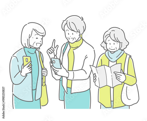 旅行を楽しむシニア女性グループのイラスト、旅先でスマートフォンでガイドを見るシニア女性達