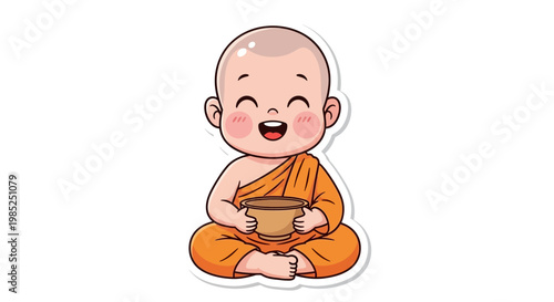 Happy Cartoon Buddhist Monk Child Holding Alms Bowl, Zen Meditation, Serene Childhood