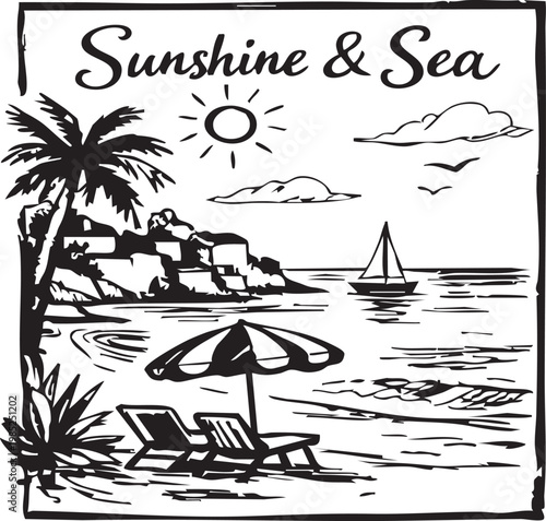 Tropical beach island landscape with palm trees, ocean, sun and summer vacation vector illustration