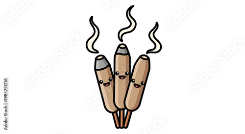 Cute Kawaii Incense Sticks with Smiling Faces and Smoke Wisps on White Background