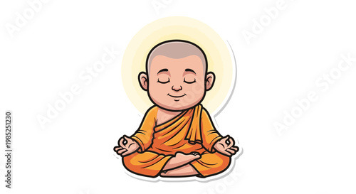 Cute Cartoon Monk Meditating in Lotus Pose with Halo