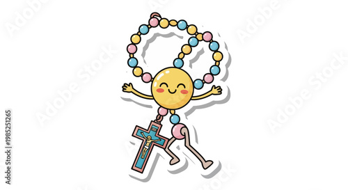 Cute cartoon rosary character with smiling face, dancing happily