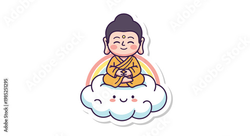 Cute Buddha meditating on a smiling cloud with rainbow, vector illustration