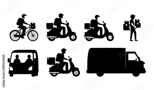 Courier delivery service set transport workers bike scooter van vector illustration