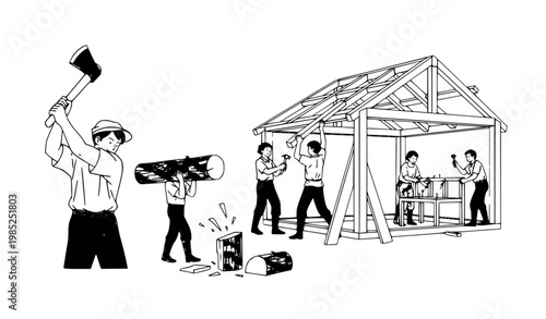 Teamwork people building wooden house carpentry vector