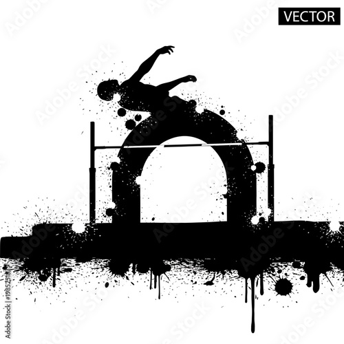 Athlete jumping over hurdle silhouette, dynamic action, sport illustration