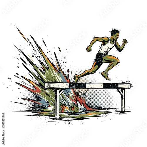 Athlete jumping over hurdle with colorful splash effect