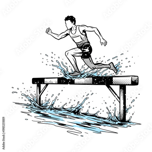 Athlete jumping over water hurdle, splash effect, sports illustration