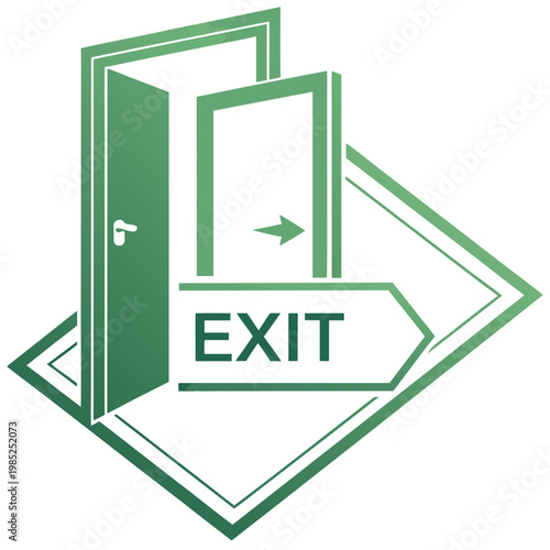 Green exit door opens with arrow and sign.