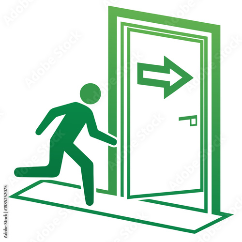 Man runs toward open green door with arrow.