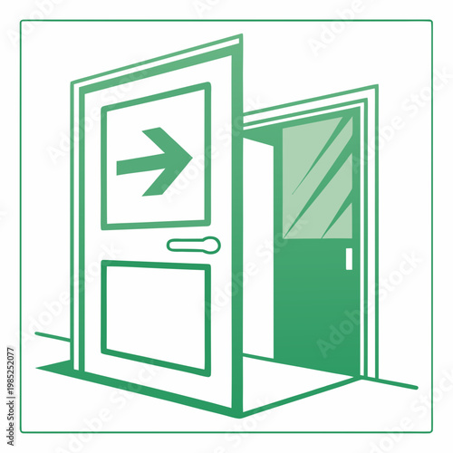Open door showing exit with forward arrow.
