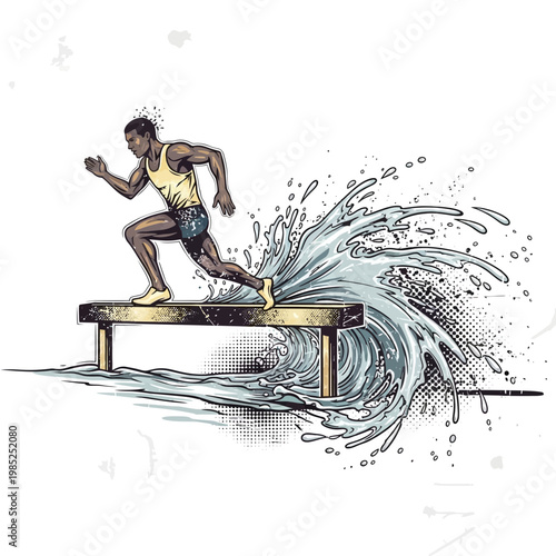 Athlete running over water obstacle, dynamic splash, athletic competition