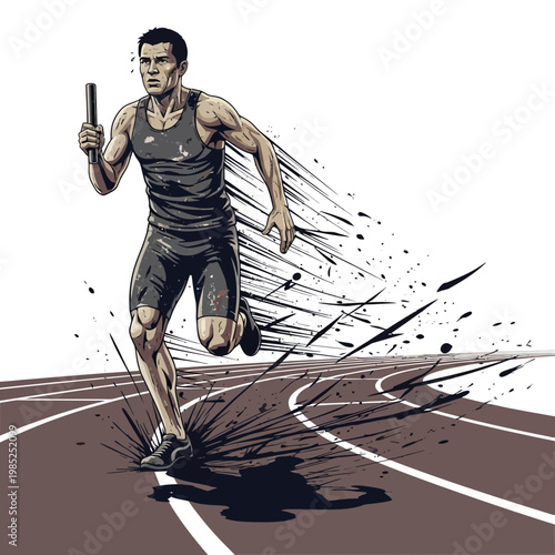 Athlete running relay race on track, holding baton, dynamic motion