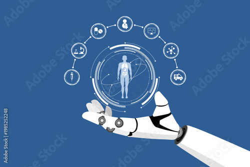 Robotic hand presenting a digital human body scan with internal organs and medical icons. Flat vector illustration of AI in medicine, futuristic diagnostic technology, and smart healthcare.