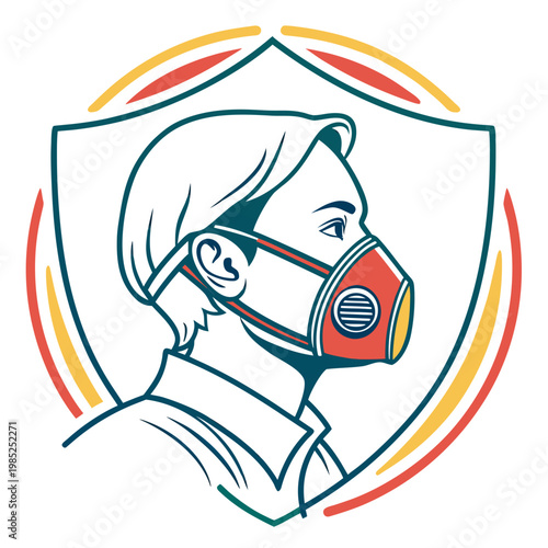 Man wearing respirator mask protection shield safety.