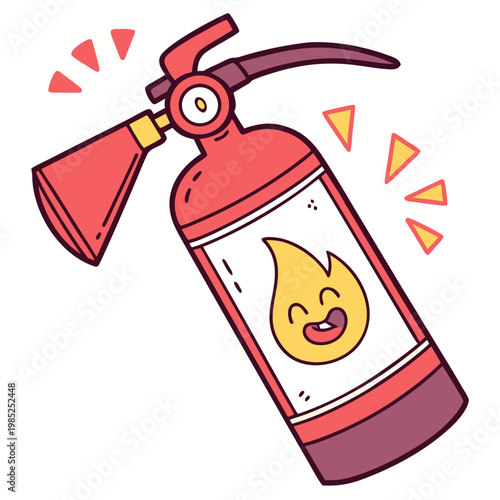 Happy fire extinguisher doodle mascot with smiling flame.