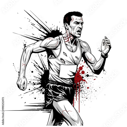 Marathon runner with blood splatters, determined expression, white background