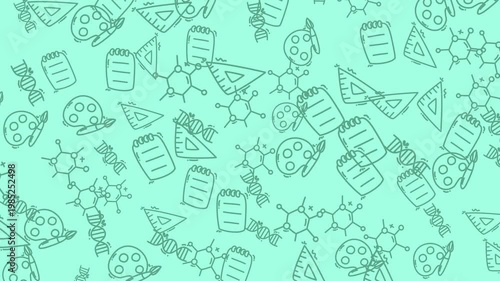 Seamless education and science doodle pattern animation featuring DNA, geometry tools, molecules and art elements on green background. Perfect for school, learning and creative projects.