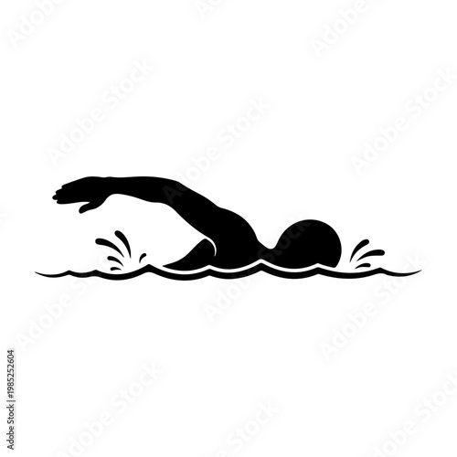 Silhouette of a swimmer performing the freestyle stroke in the water with ripples and waves