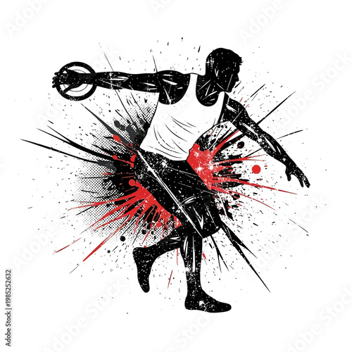Silhouette of a discus thrower with abstract paint splashes