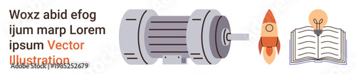 Engineering, technology, innovation, education, creativity, progress. ion of an electric motor, a rocket and an open book with a light bulb. Engineering and technology concepts