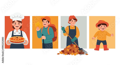 Cheerful cartoon illustration of happy characters enjoying autumn activities like harvesting and cooking, set against a transparent background, conveying a warm and joyful harvest mood