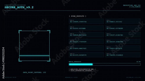 Secure Authentication Interface with Biometric Identity Verification Scan Results and Digital Match Integrity Loading Bar.