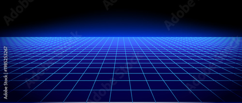 Blue glow neon wireframe background. Deep blue shining checkered grid floor plane in perspective. Retro futuristic horizon wallpaper. Arcade game sci fi matrix landscape surface. Vector backdrop