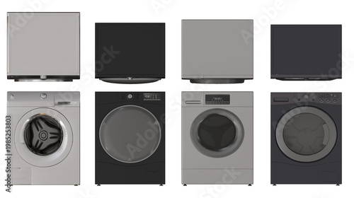 Quadro su tela Collection of sleek household dryers and washers, overhead and front perspective
