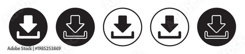 Circular download icons with black fill and white outline styles for file saving and data transfer illustrations.