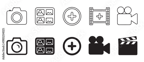 Photography and camera icons outline and solid fill, image adding symbol, multimedia elements.