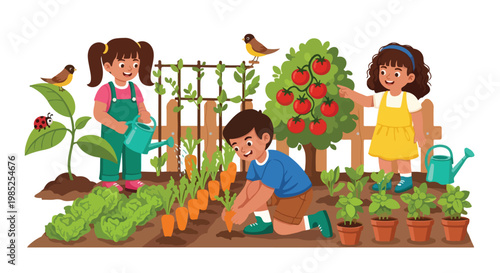 Three children enjoy gardening together in a lush backyard, watering plants, picking carrots, and admiring ripe tomatoes by a wooden fence.