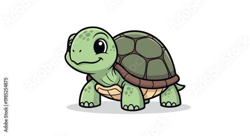 Cheerful cartoon turtle with a green shelled body smiles warmly in a friendly illustration on a simple white background