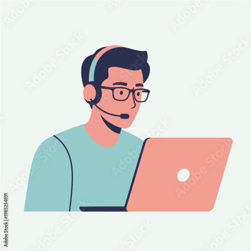 Man with Headset Working on Laptop Computer.