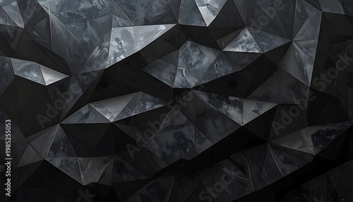 A dark, abstract geometric pattern of black and gray polygons