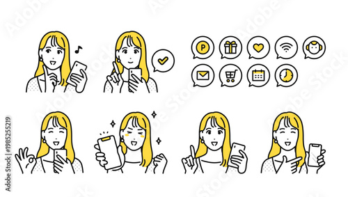 スマートフォンを見るポジティブな20代女性と通知アイコンセット