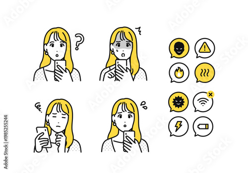 スマートフォンを見るネガティブな20代女性と通知アイコンセット