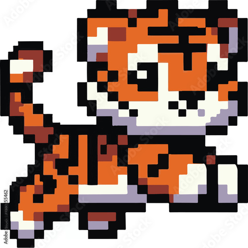 Captivating pixel art illustration of a charming tiger cub, exuding youthful innocence and a stylized digital aesthetic, perfect for retro game or nature-themed projects