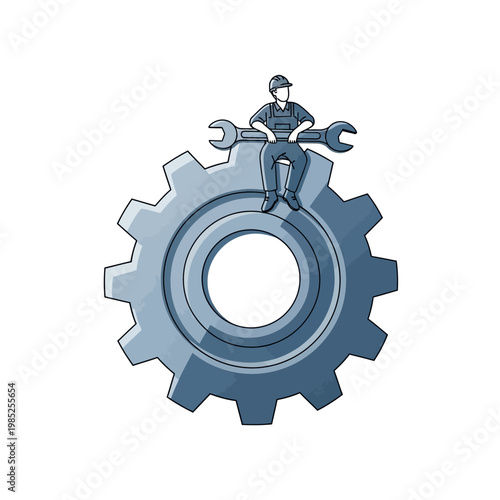 Worker Sitting on Gear with Wrench in Workshop