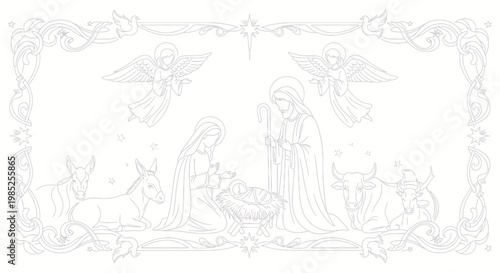 Nativity Scene Line Art with Angels and Animals - Christmas Illustration