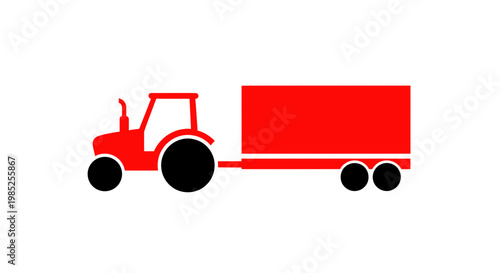 Red tractor with trailer icon, isolated on white background, agricultural vehicle symbol