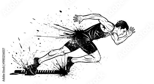 Sprinter starting race, dynamic motion, black and white ink splash