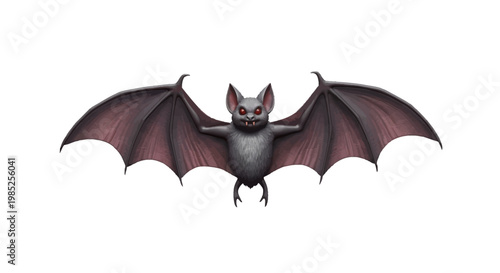 A detailed illustration of a grey bat with wide wings and glowing red eyes, isolated on a white background