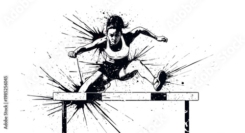 Young athlete jumping over hurdle in dynamic ink splash style