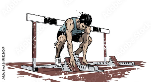 Athlete at starting blocks, ready to run hurdles race