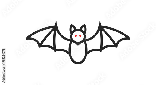 Minimalist black outline icon of a flying bat with vibrant red eyes, perfect for Halloween, spooky themes, gothic designs, or nocturnal animal concepts