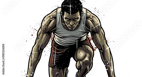 Athlete in starting position, determined expression, focus on race.