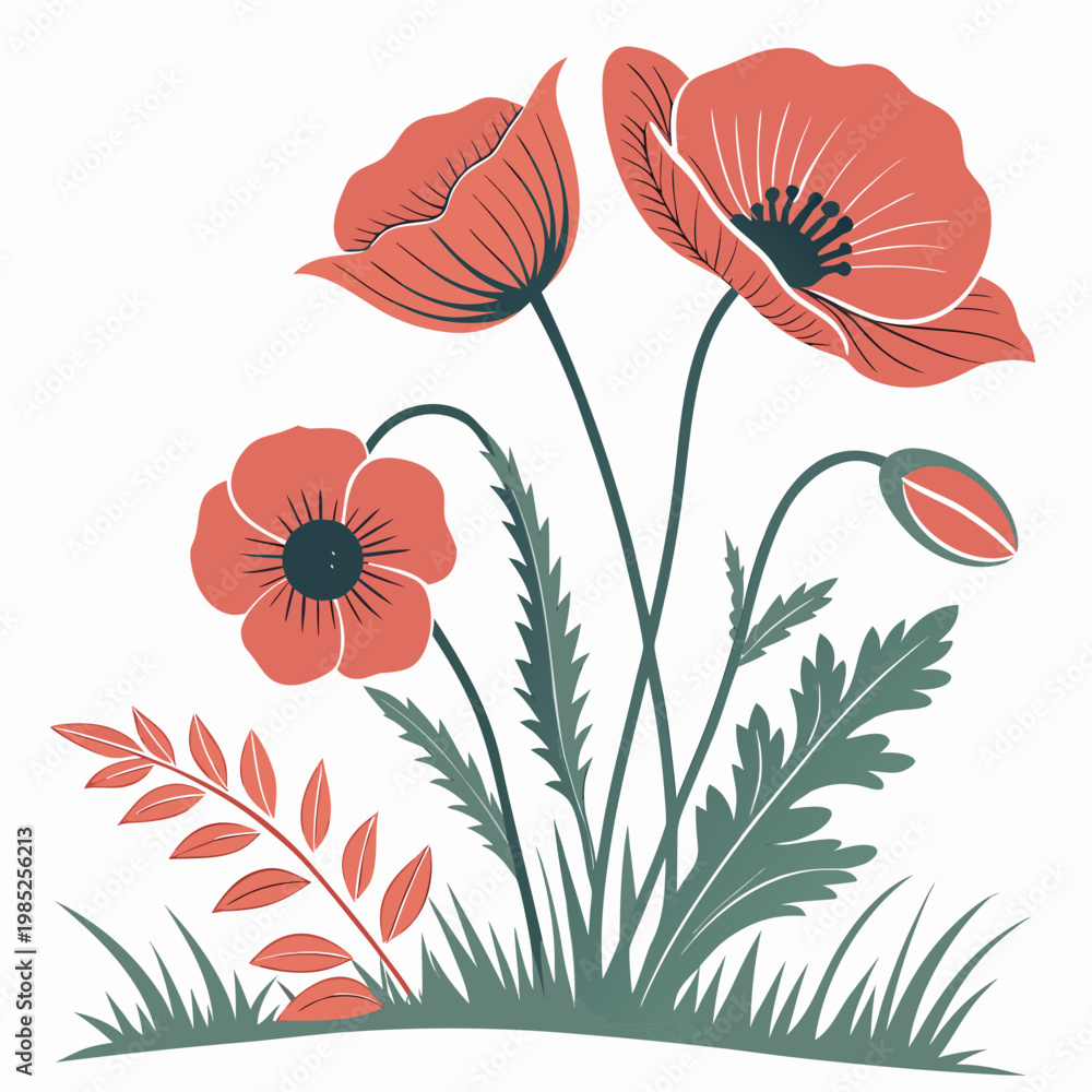 Naklejka premium Three poppy flowers with grass and leaves on white.