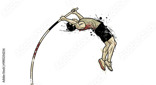 Athlete pole vaulting over bar with dynamic paint splashes