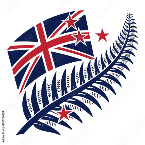 Stylized silver fern with new zealand flag motifs.